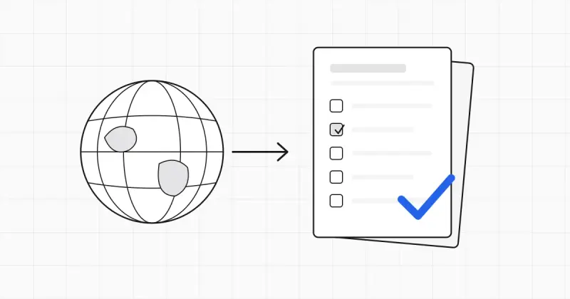 Line illustration of a globe beside a stack of tax forms and a payment arrow, with a single blue checkmark stamp on the top form