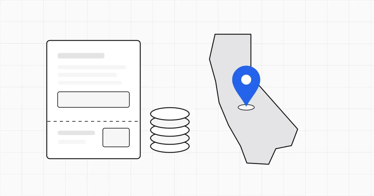 Line-art tax voucher with a perforated stub and a coin stack beside a California state outline marked by one blue map pin