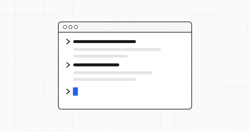 Line illustration of three terminal windows side by side on a grid, the middle one with a blue cursor block