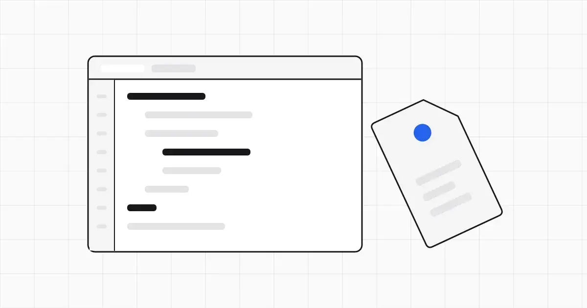 Line illustration of a code editor window on a grid with a price tag hanging from its corner and one blue cursor block