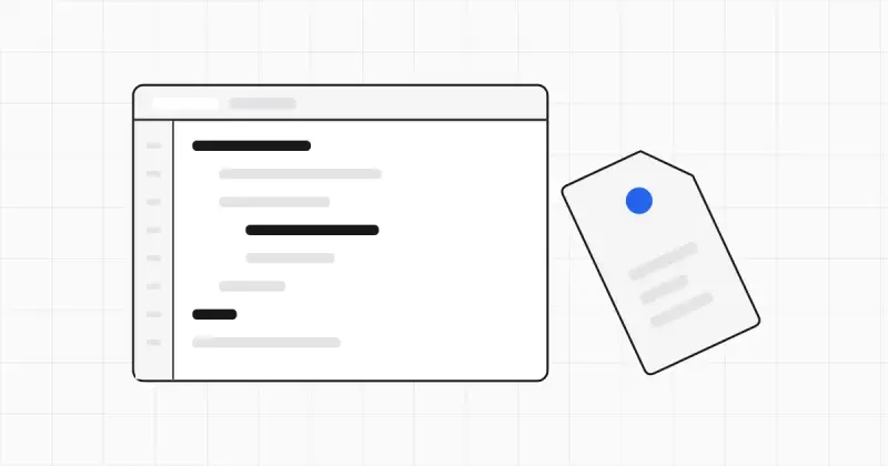 Line illustration of a code editor window on a grid with a price tag hanging from its corner and one blue cursor block