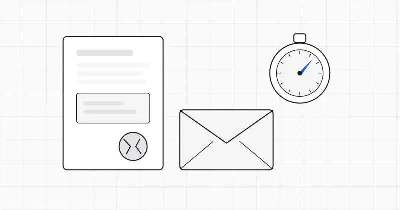 Line-art overdue notice envelope and a document with a broken seal, beside a stopwatch with one blue hand