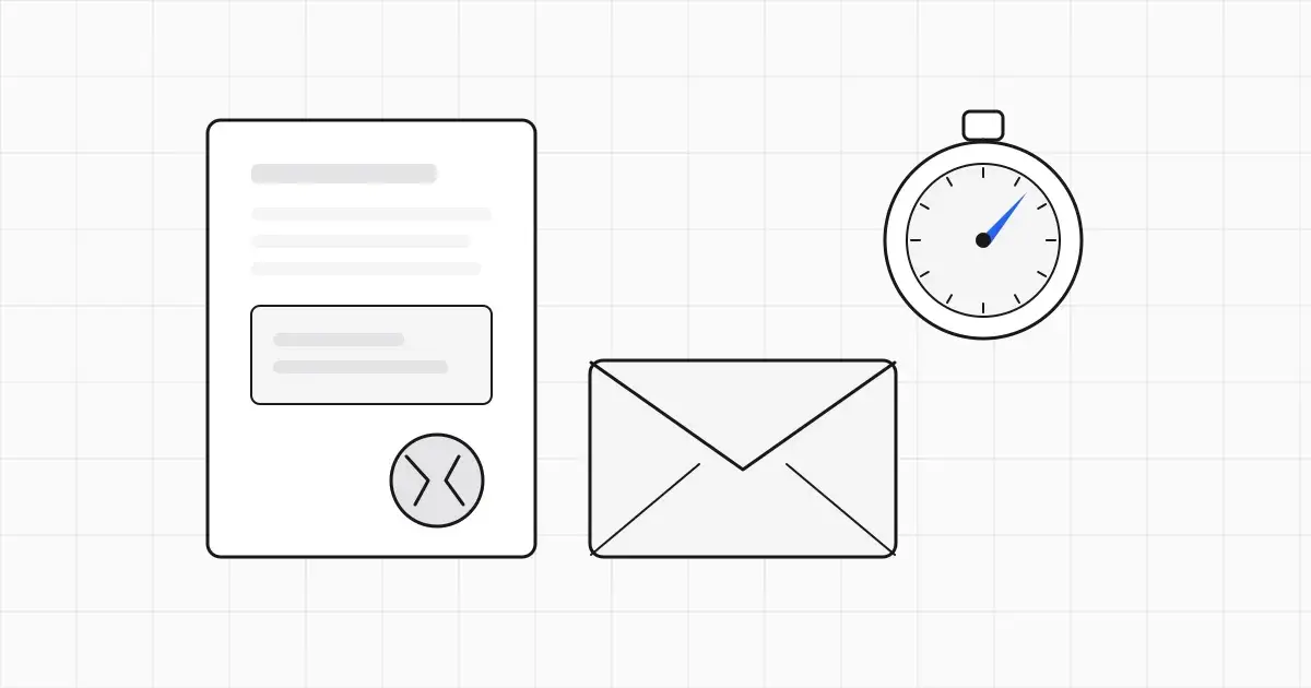 Line-art overdue notice envelope and a document with a broken seal, beside a stopwatch with one blue hand