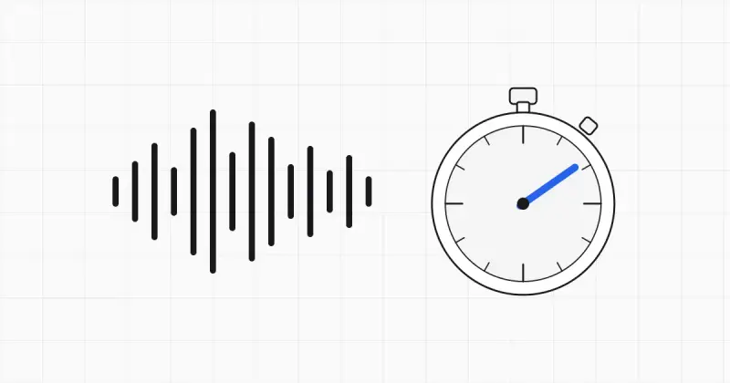 Line illustration of a sound waveform flowing out of a microphone into a stopwatch, with one blue waveform bar