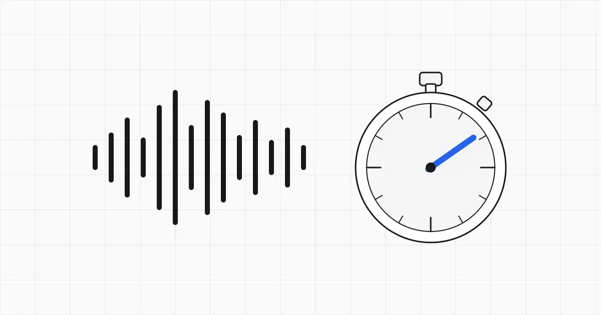 Line illustration of a sound waveform flowing out of a microphone into a stopwatch, with one blue waveform bar