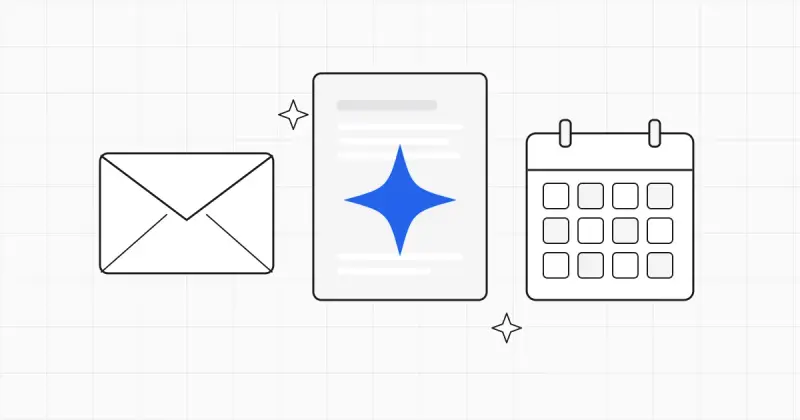 Line illustration of an email envelope, a document and a calendar tile arranged around a central sparkle, with one blue sparkle accent