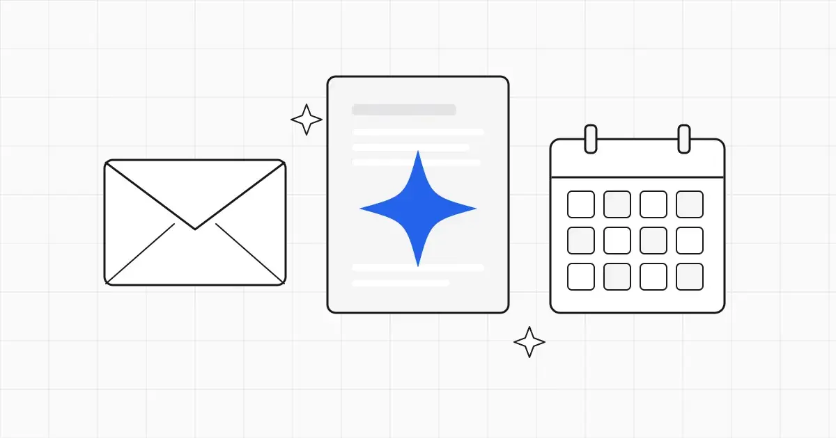 Line illustration of an email envelope, a document and a calendar tile arranged around a central sparkle, with one blue sparkle accent