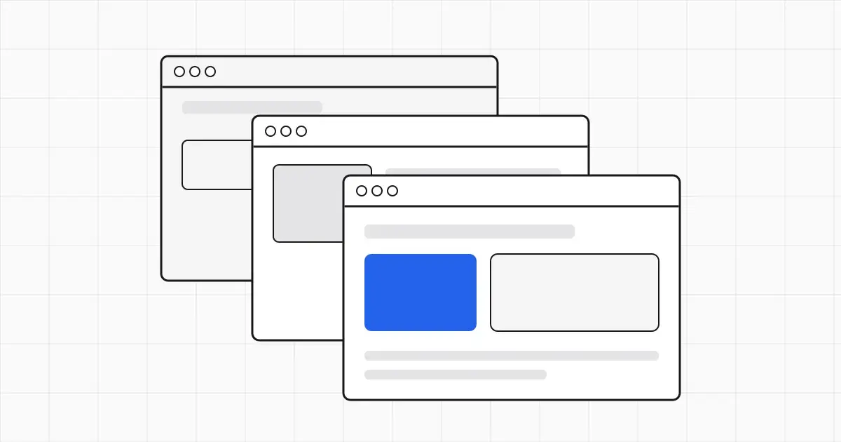 Line illustration of a balance scale on a grid weighing three stacked app-window boxes, with one blue box on the raised side