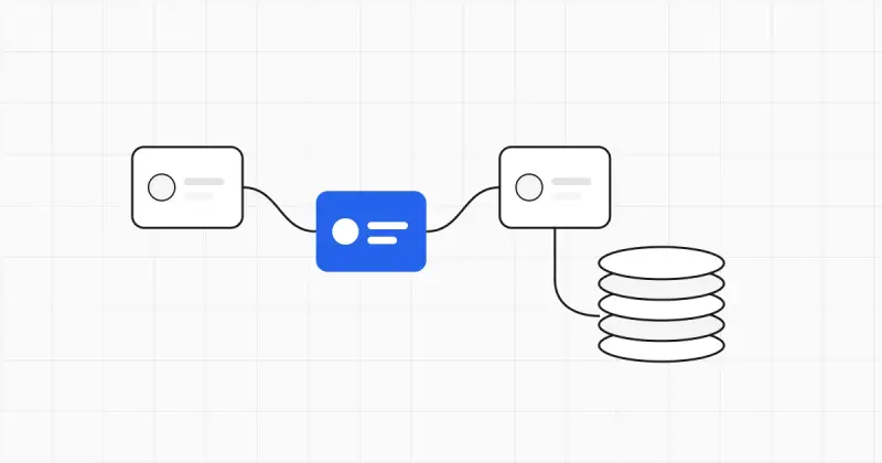 Line-art workflow of three connected nodes feeding a coin stack, with one node highlighted in blue
