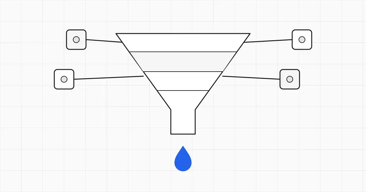 Line illustration of a funnel feeding a chain of connected workflow nodes, one node highlighted in blue