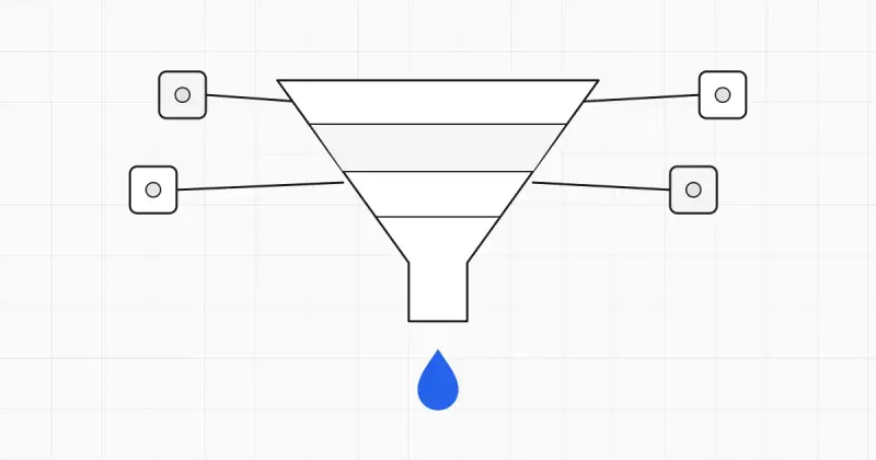 Line illustration of a funnel feeding a chain of connected workflow nodes, one node highlighted in blue