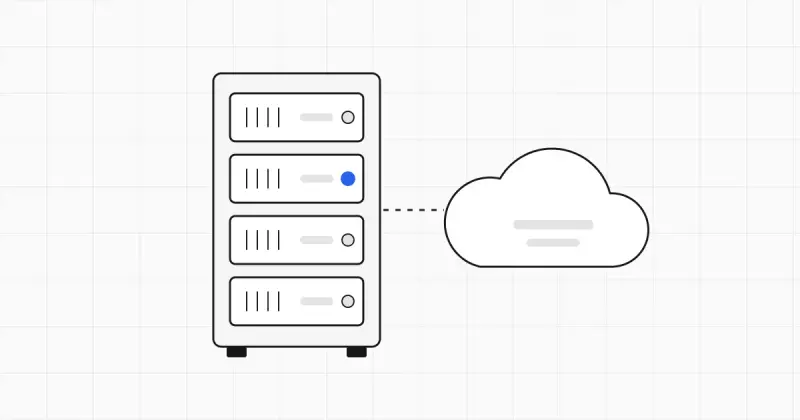 Line illustration of a server rack beside a cloud outline, connected by workflow nodes, with one blue node in the middle