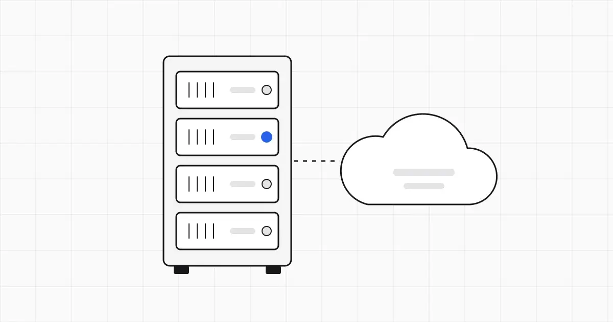 Line illustration of a server rack beside a cloud outline, connected by workflow nodes, with one blue node in the middle