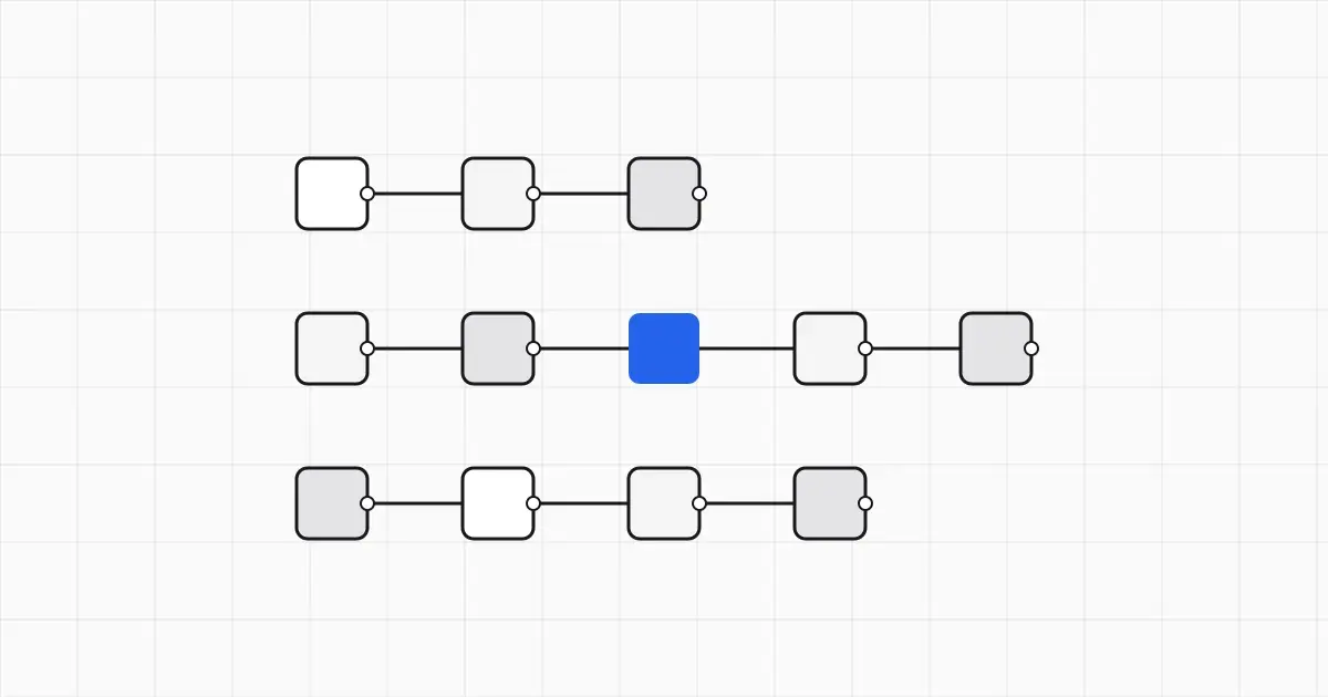 Line illustration of a balance scale weighing three stacked workflow boxes, with one blue box on the lighter side