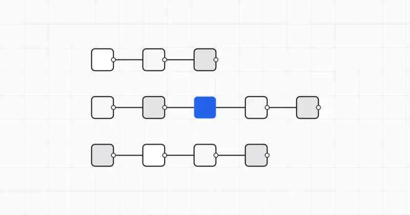 Line illustration of a balance scale weighing three stacked workflow boxes, with one blue box on the lighter side
