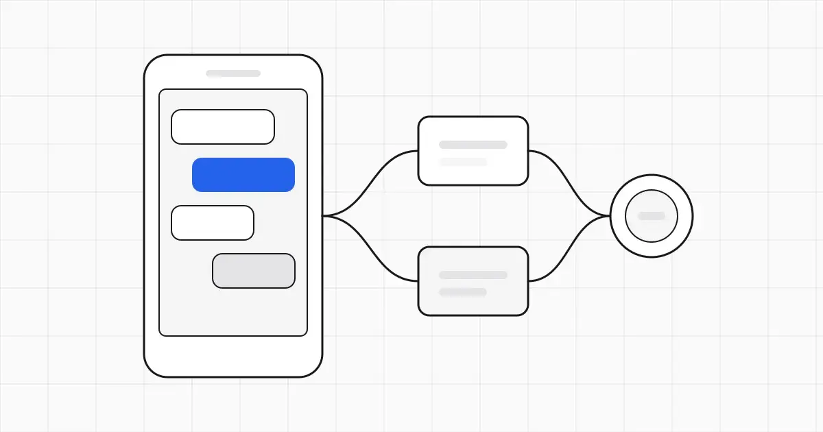 Line-art phone with chat bubbles connected to a small workflow, one chat bubble highlighted in blue