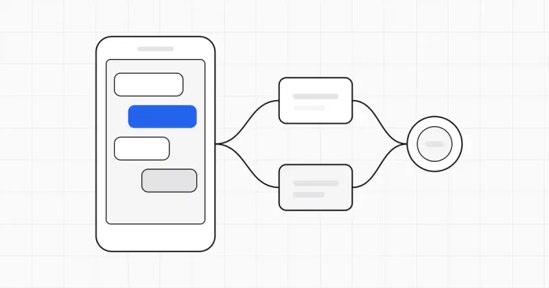 Line-art phone with chat bubbles connected to a small workflow, one chat bubble highlighted in blue