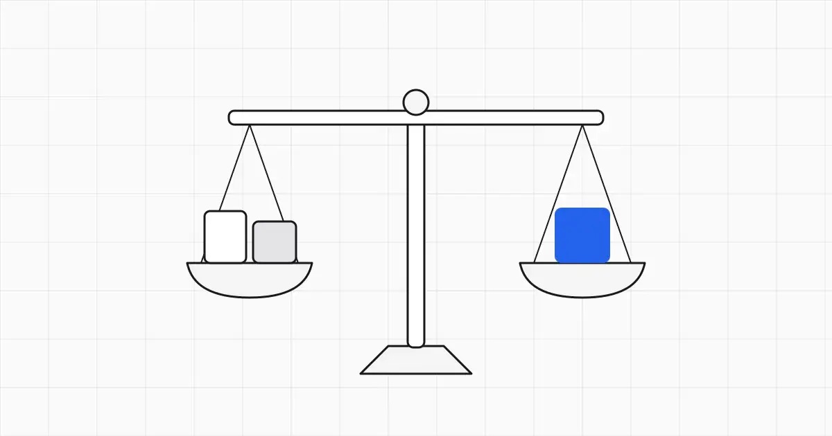Line-art balance scale weighing three outlined boxes, with one box highlighted in blue, on a light grid