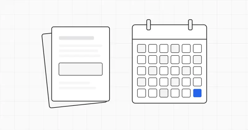 Line-art calendar page with a stack of forms beside it and one highlighted blue date square