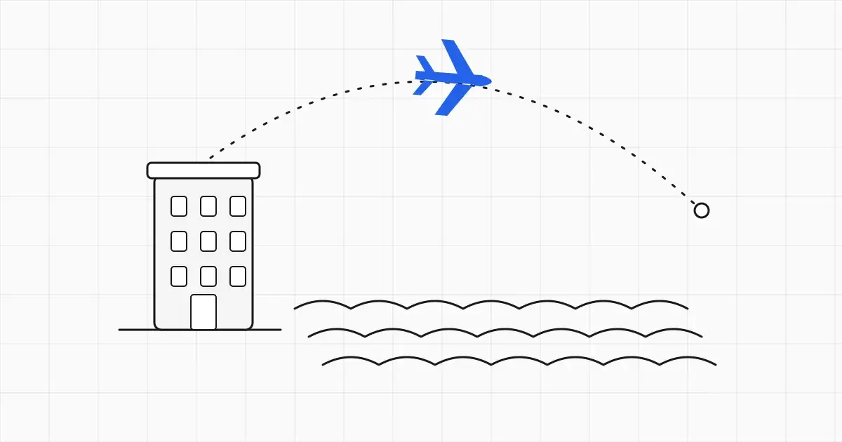 Line-art of two stacked company boxes, the lower one moving up beneath a larger box via a curved arrow, with one arrow highlighted in blue