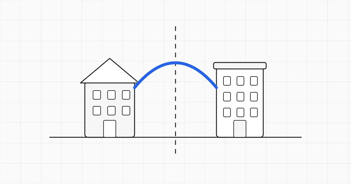 Line-art company document split down the middle with two arrows pointing in opposite directions, one arrow highlighted in blue