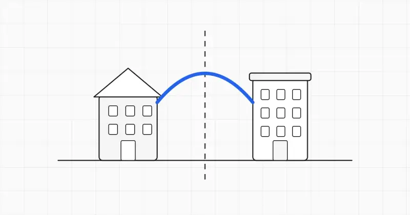 Line-art company document split down the middle with two arrows pointing in opposite directions, one arrow highlighted in blue