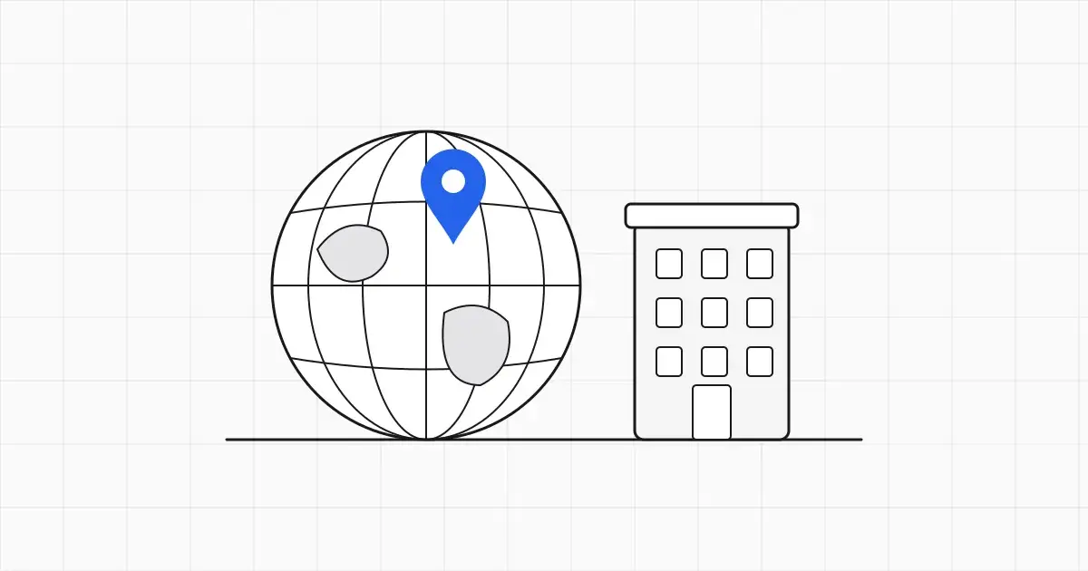 Line illustration of a passport beside a pillared building, with a blue stamp on the passport