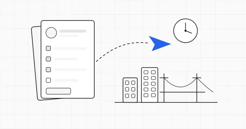 Line-art application form with checkboxes, a dashed flight path to a city skyline and bridge, a clock, and one blue paper plane